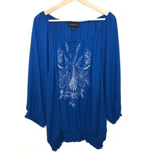 Lane Bryant Blue Peasant Top Embroidered Sz 26 28